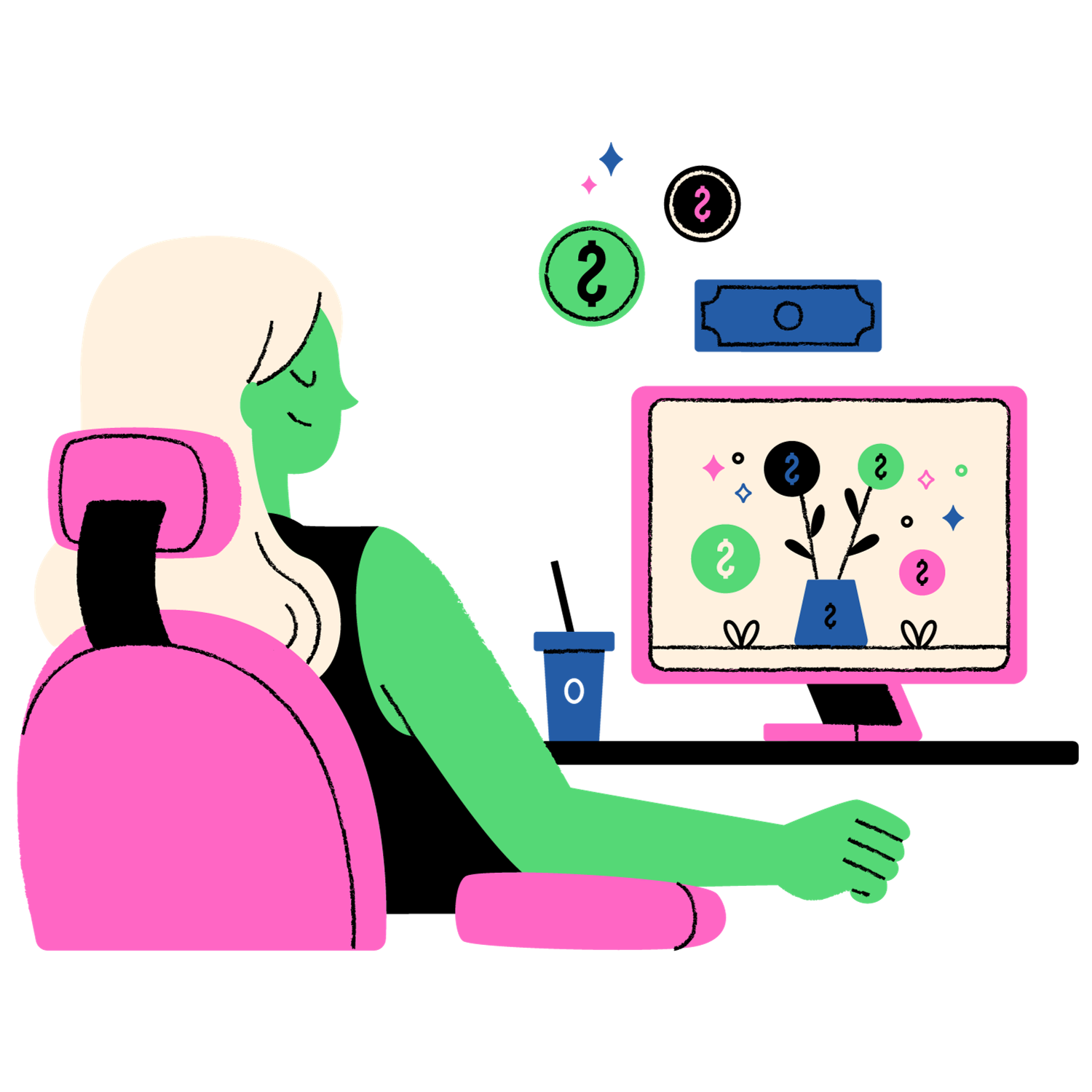 Cartoon representation of person banking online